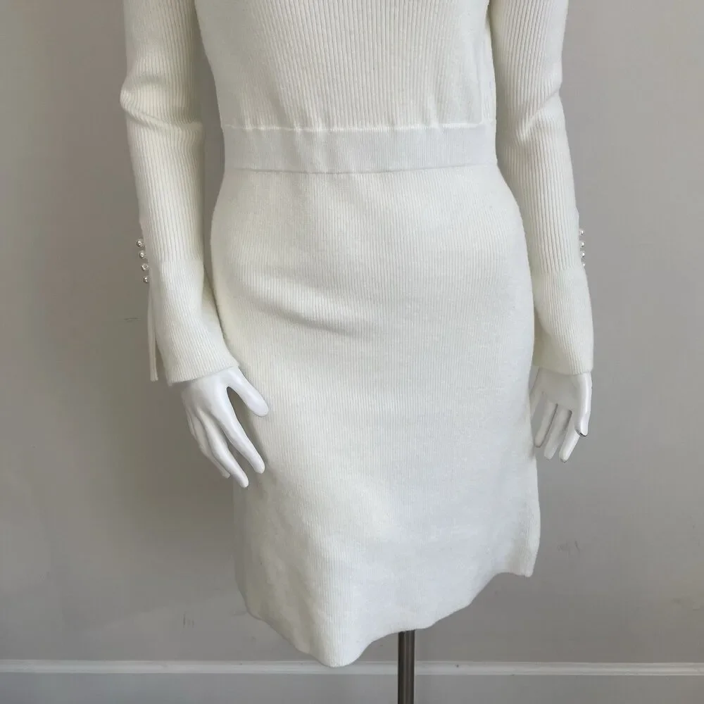 Ann Taylor Pearl Button Cuff Ribbed Mock Neck Long Sleeve Sweater Dress - Small - Picture 5 of 16